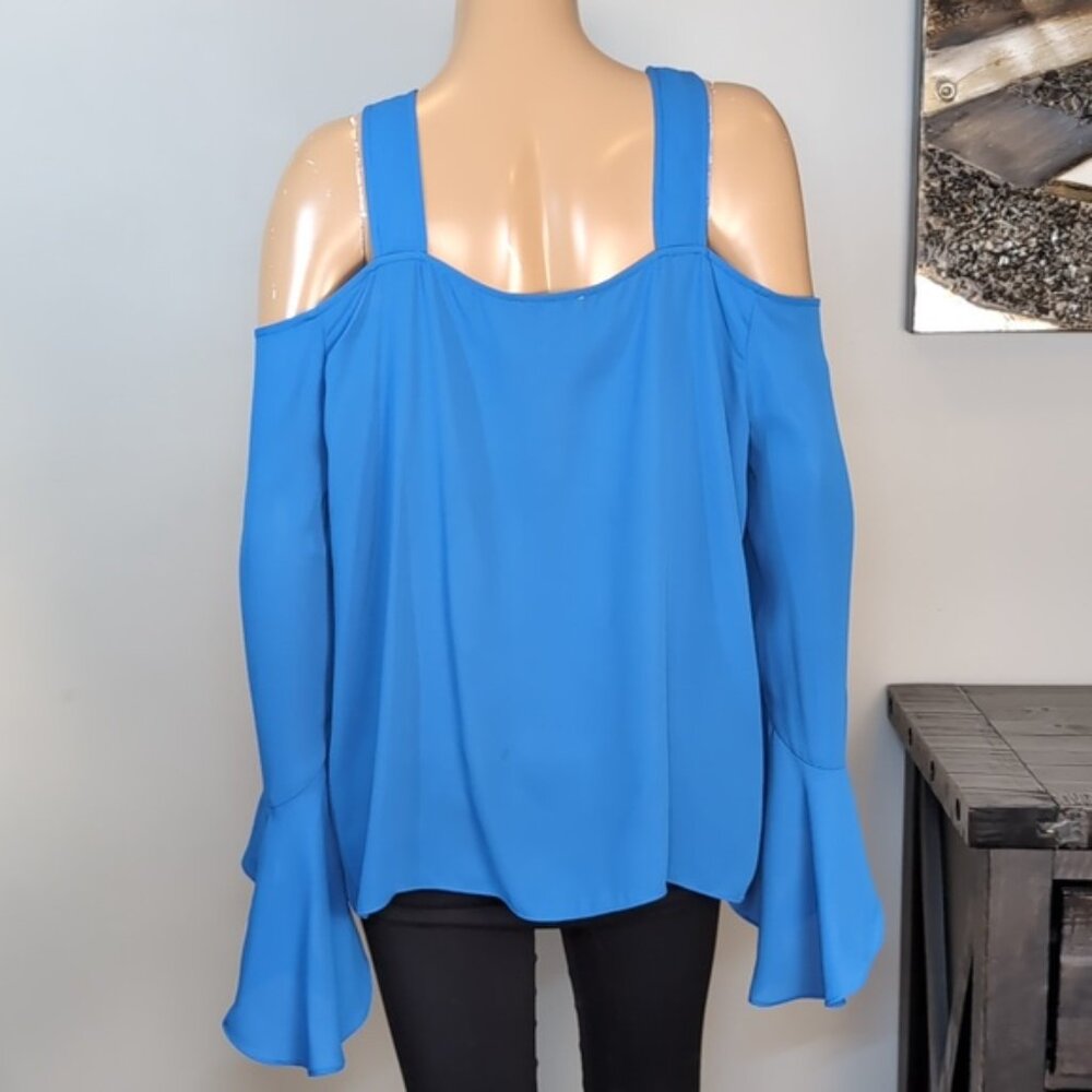 Halston Blue Cold Shoulder Blouse Womens Size XL Long Sleeve Twist Halter Top - Picture 7 of 14